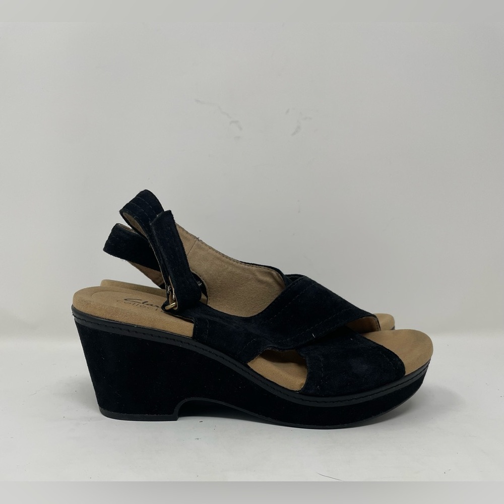 Clarks Women Suede Black Wedge Sandal Size 8.5 - Picture 3 of 8